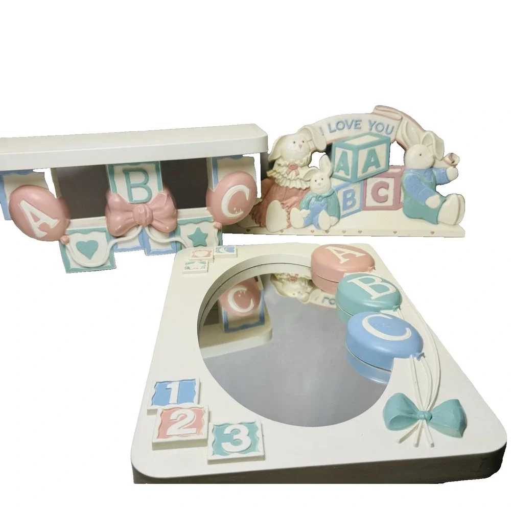 Vintage Homco Wall Hanging Mirror and Shelf Set I Love You Bunnies Balloons 7613